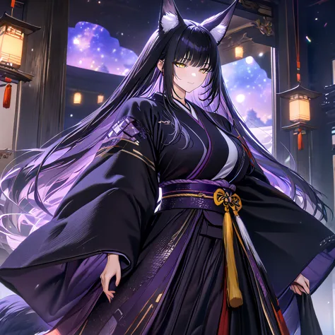 a woman wearing traditional long sleeve kimono, black kimono with purple details, large chest, black fur cape, dark purple hair,...