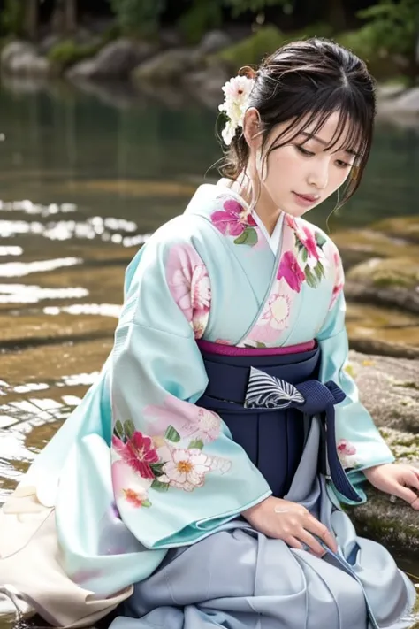 realistic, hakama, japanese clothing, kimono, wet woman, furisode, long hakama, clothes that stick to the skin, cloth that stick...