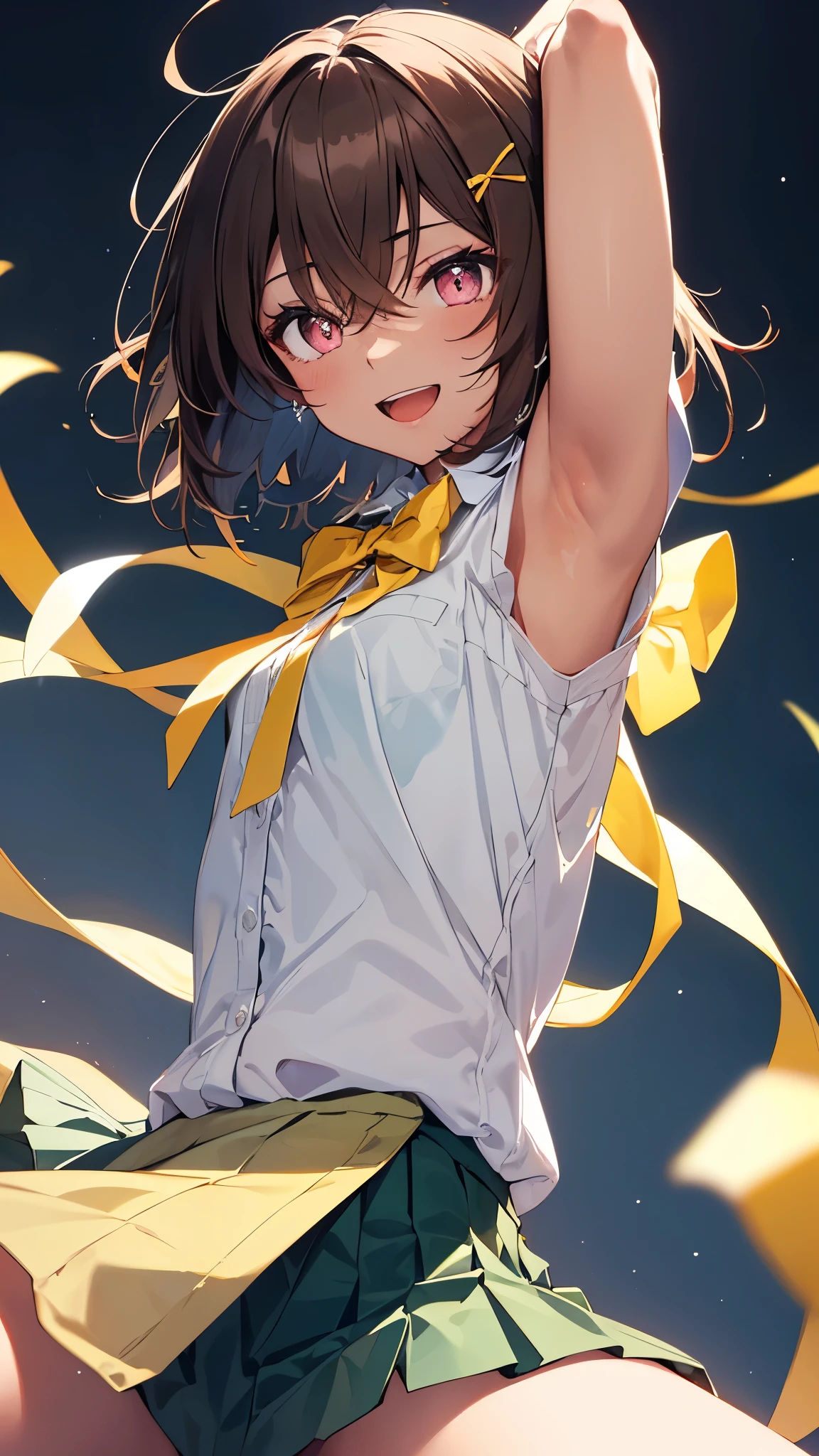 (shot from side,armpit focus),lemon yakishio, short hair, brown hair, ahoge, pink eyes, hair clip, hair between eyes, dark skin, dark-skinned female,
skirt, shirt, bow, school uniform, white shirt, short sleeves, pleated skirt, bowtie, yellow bow, grey skirt, yellow bowtie, green bow, green bowtie, (upper body:1.3),open mouth,smile,spread armpit, arms behind head,(spread legs:1.3),(legs up), masterpiece,Noise Reduction,perfect anatomy,high resolution, ultra-detailed, ultra-detailed face,game cg,dutch angle ,beautiful detailed eyes,visualart,five fingers, perfect hands, perfect lighting, sparkling pupils,