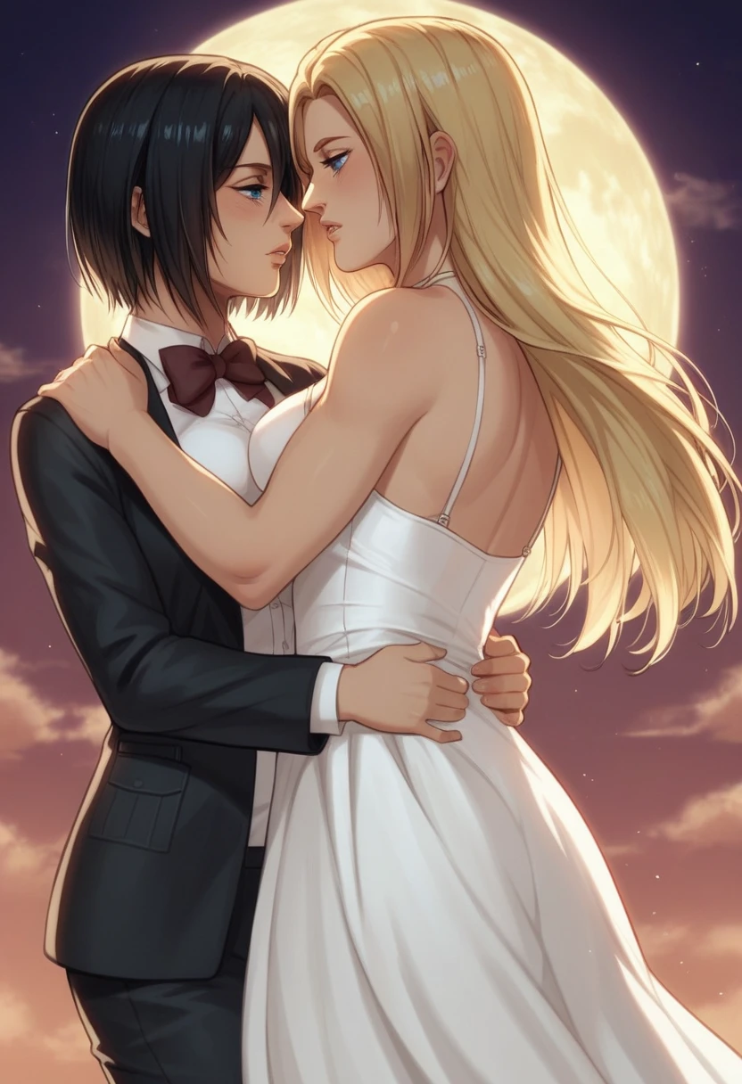 score_9, score_8_up, score_7_up, BREAK source_anime, historia reiss, blue eyes, blonde hair, long hair, medium breasts,Historia wedding dress white,female black hair soldier with historia,Mikasa with historia are married ,mikasa wreanig black tuxedo,Mikasa female with short hair,mikasa female medium breasts,in night,moon in sky,mikasa final season,mikasa,Mikasa carries Historia hands،mikasa femboy,mikasa final season,historia blonde hair,mikasa carrying historia,Mikasa and historia in party in middle night,,mikasa final season,girls love,girl×girl,lesbians,yuri,romantic wallpapers