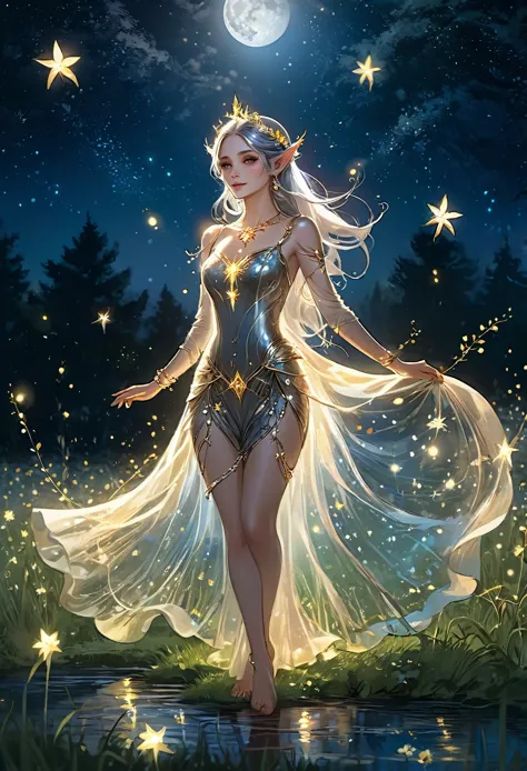 a regal sexy hot stunning attractive bare elf, adorned in intricate gold and silver jewelry, dancing gracefully in a moonlit mea...