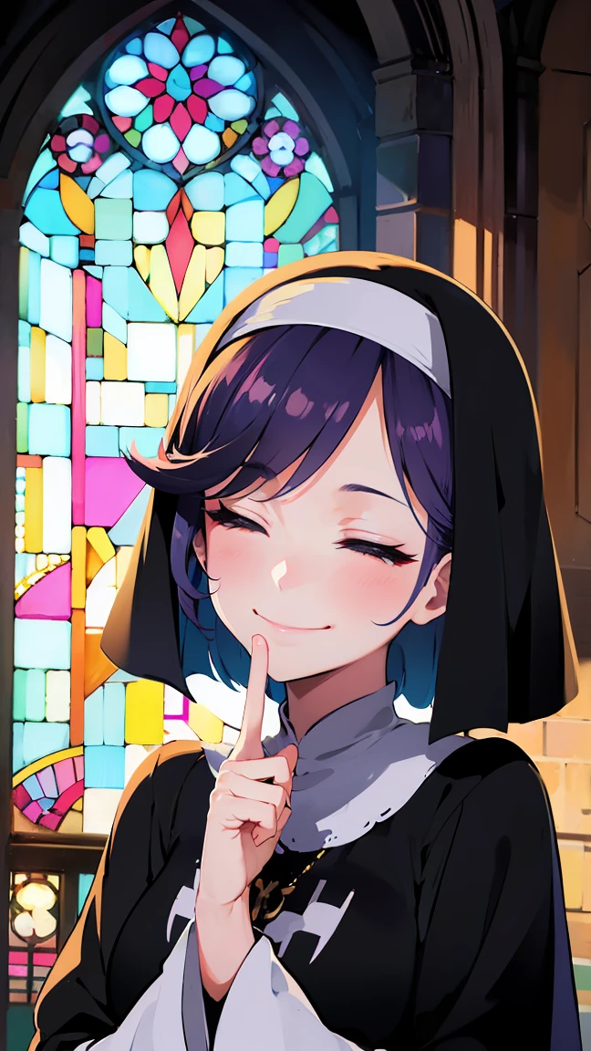 score_9, score_8_up, score_7_up, score_6_up, cinematic light, backlighting, light rays, 1girl, medium hair, bangs, black hair, purple eyes, nun, Pretty Face, closed eyes, smile, fingersmile, finger to mouth, looking at viewer, stained glass, church, arch, Shooting up close, Shooting from the side,