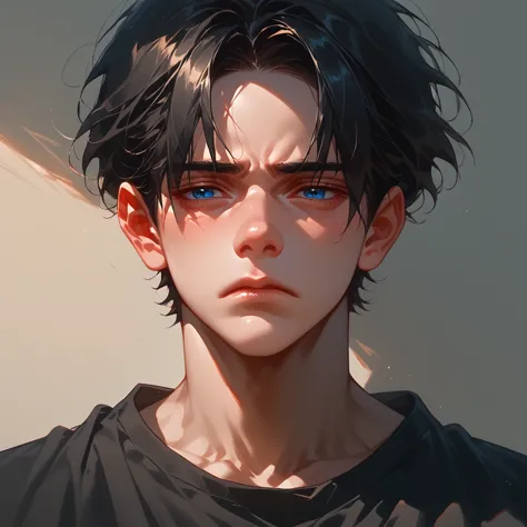 a boy, pretty face, dark blue eyes, tired look, black room, eyes on the beholder, physically strong, anime, hentai, black hair, ...