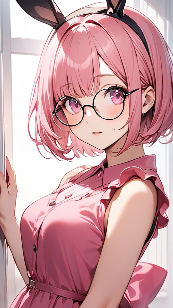 (masterpiece, Best Quality:1.2), Pink Hair,Pink Dress,Pink Eyes,Bunny Ears,One person, One personで,Mid length, Short Bob,Round Glasses,girl&#39; I am in love with you, Dynamic Random Shot, Attractive cleavage, Elastic thighs, ARW,whole body,Front,Take a look, Halloween images