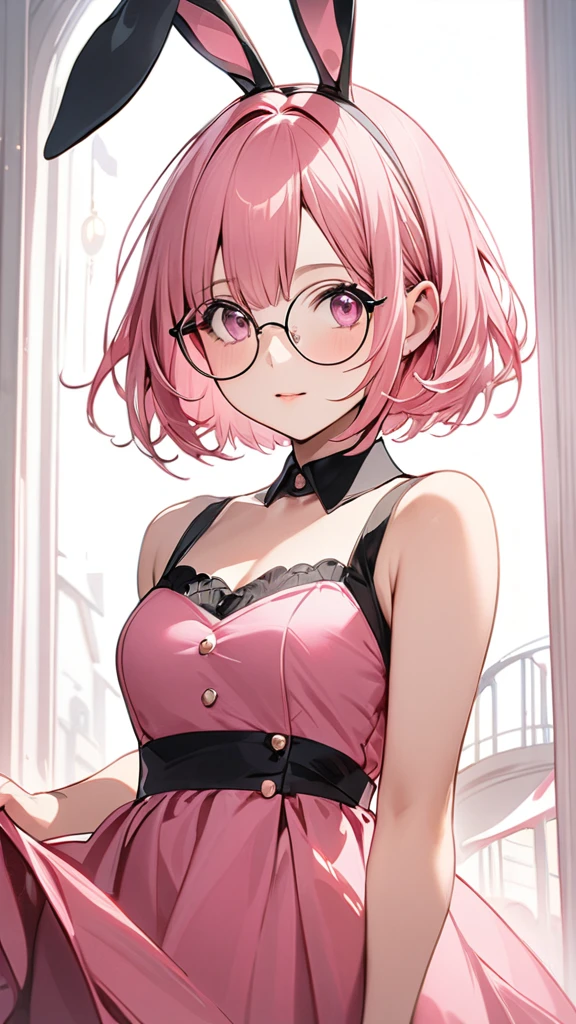 (masterpiece, Best Quality:1.2), Pink Hair,Pink Dress,Pink Eyes,Bunny Ears,One person, One personで,Mid length, Short Bob,Round Glasses,girl&#39; I am in love with you, Dynamic Random Shot, Attractive cleavage, Elastic thighs, ARW,whole body,Front,Take a look, Halloween images