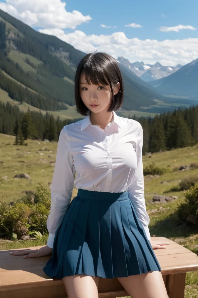 high-definition image, best quality, (round face), posing, eyes realistic sizing, drooping eyes, shirt, pleated skirt, (straddling a table corner to hit her crotch for self pleasure), big sky, mountains, in the forest, sunlight, very short hair, (many camping gears),