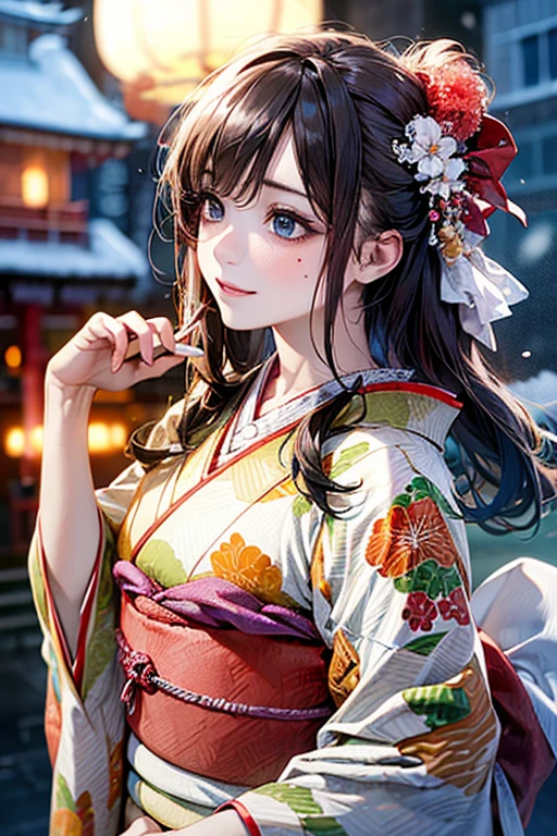 ((perfect anatomy, anatomically correct, super detailed skin)), 
1 girl, japanese, high school girl, shiny skin, large breasts:0.5, looking away, looking up, watching the view, from below, 
beautiful hair, beautiful face, beautiful detailed eyes, (middle hair:1.5, japanese hair:1.5), black hair, blue eyes, babyface, mole under eye, 
((red floral kimono, hair ornament)), 
((smile:1.5, open your mouth wide)), walking, 
(beautiful scenery), winter, dawn, (new year's day, first visit), hokkaido, sapporo, outside hokkaido shrine, crowd, snow, snowfall:1.5, freezing weather, frost, 
(8k, top-quality, masterpiece​:1.2, extremely detailed), (photorealistic), beautiful illustration, cinematic lighting,