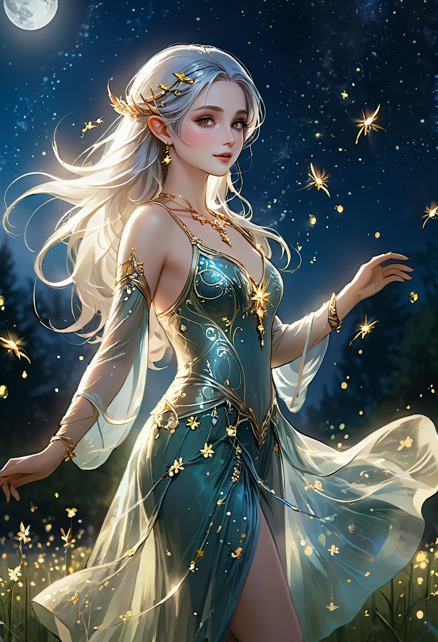 A regal sexy hot stunning attractive bare elf, adorned in intricate gold and silver jewelry, dancing gracefully in a moonlit meadow filled with fireflies and sparkling stars.