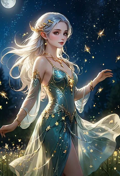 a regal sexy hot stunning attractive bare elf, adorned in intricate gold and silver jewelry, dancing gracefully in a moonlit mea...