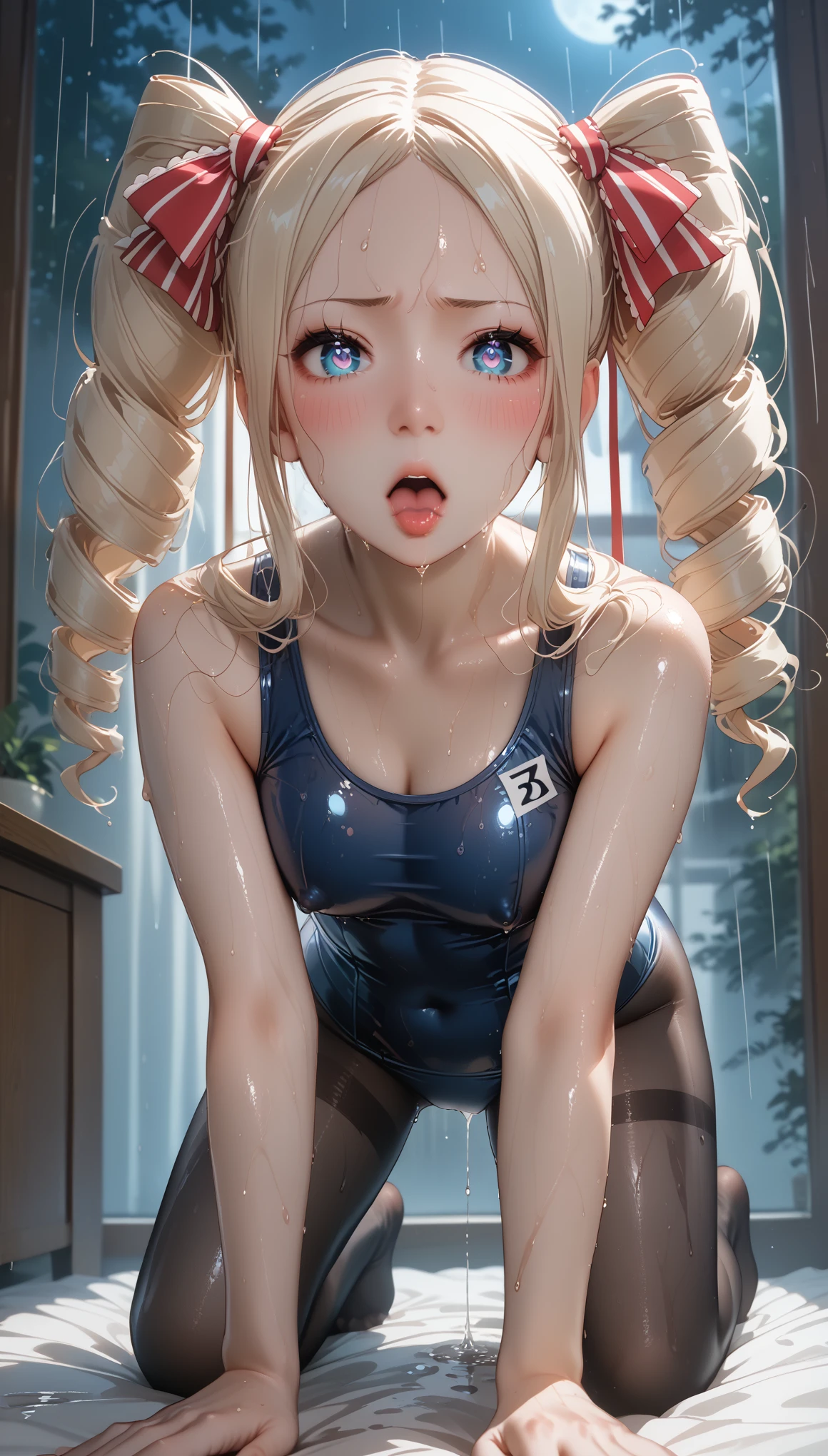 (((double twintail  hair)))、((side spiral curls))、(((beatrice)))、(sweaty skin)、 (Highest quality, 8k, 32K, masterpiece, Ultra-high resolution:1.2)、blush、(Sweat:1.7)、((blush)),(((Shining Light))),accurate to the human body、Correct five-finger、Highly detailed face and skin texture, Natural neck length, Beautiful Hands, glossy lip gloss、Long eyelashes、Gloss Face 、A seductive look of sweet seduction, (Oily skin、Realistic skin texture、Beautiful skin in every detail、Glowing Skin),(((Annoyed))),(looking at viewer),(((oily body))),(((ahegao))),(steam),(((latex)))、from front,((on all fours)),open legs,(((school swimsuit))), (night village),((arm pit))、dynamic pose、((from side))、orgasm、(((looking down)))、(((cat eyes)))、arms up、big eyes,(((heavy rain)))、dynamic pose、((get wet in the rain))、(((get soaking wet)))、(((drenched in the storm)))、((large tights))、(((((very wet)))))、long nipples