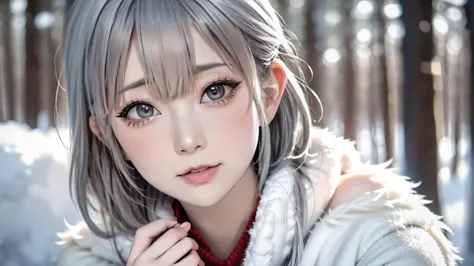 in the snowy forest, japanese girl, knit sweater, snowing,pupils sparkling, silver short hair, realistic portrait, depth of fiel...