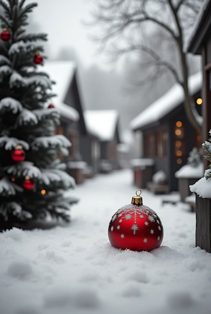 a christmas market, without people in norway and in the middle is a small red christmas tree ball with a snowflake on it the whole picture in black and white, except for the ball