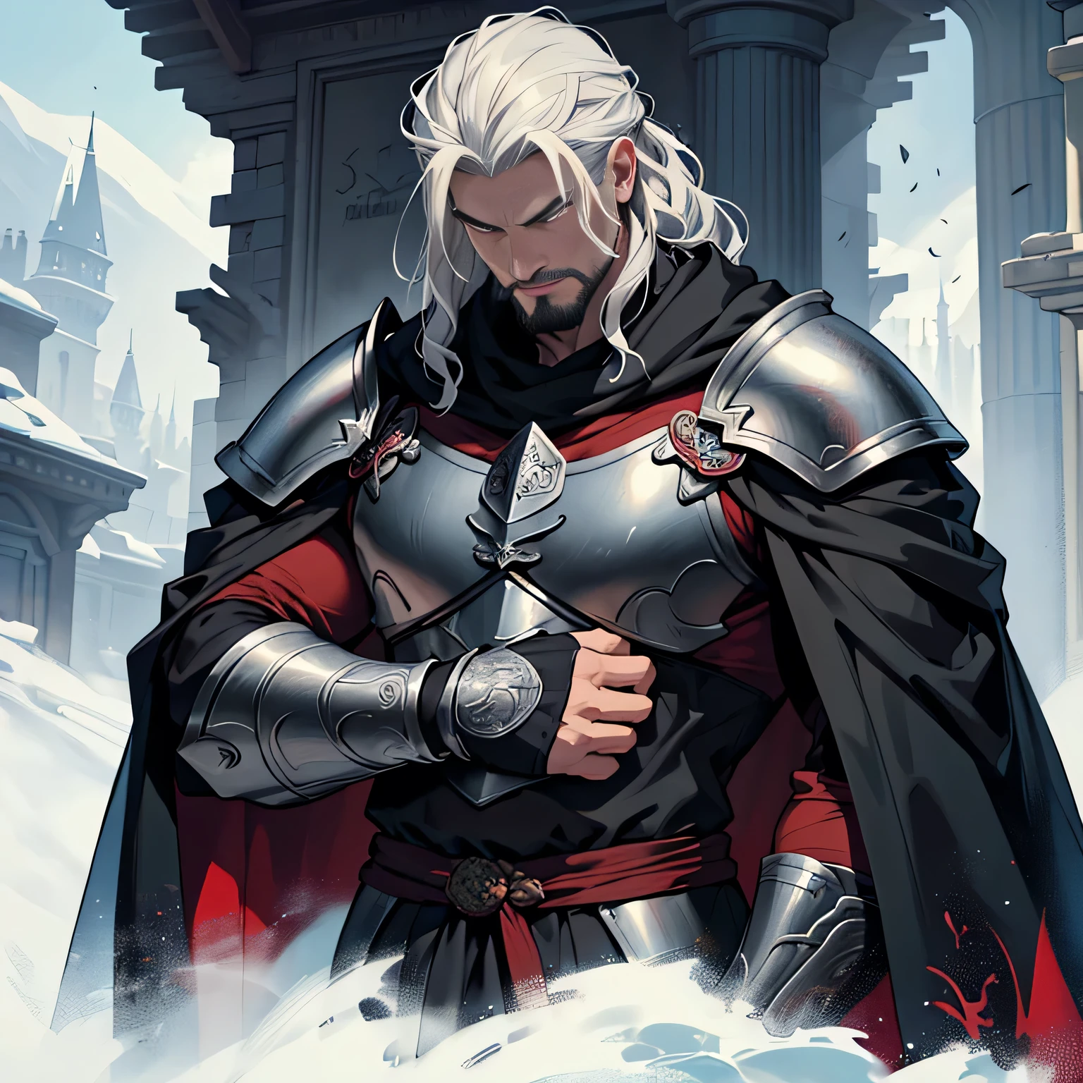 ((Best quality)), ((masterpiece)), ((realistic cartoon)), ((perfect character)): Maeron was a tall young, powerfully built, and fearsomely strong man, He kept his hair short and his beard trimmed to his jawline. He had calm-looking, and a mouth without a smile. He had violet eyes, and his classical silver hair. He wore black armor and a black cloak outfit He was bull-like, with heavy shoulders, a thick neck, and huge arms. Though he was on the heavy side, he was not fat, but more massive and square. Maegor wore a breastplate, covered by a surcoat that displayed the Targaryen three-headed dragon, red on black. the man's clothing, the mesmerizing effects of his conjurations, and the level of detail in his weathered face all contribute to a captivating visual experience. This artwork is presented in stunning UHD resolution, allowing you to appreciate every nuance and intricacy in breathtaking detail. Eye level, scenic, masterpiece.