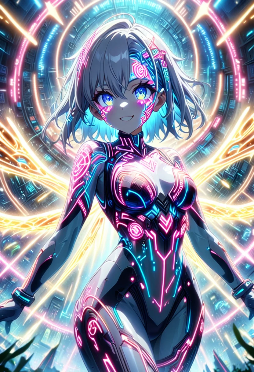 masterpiece, Best Quality, Highly detailed CG Unity 8k wallpaper, One Cyber Girl, Anime screenshots, Neon electronic circuit tattoos on the face and body, Big Cyber energy wings of neon lights, The best smile, Depth of written boundary, Gray Hair, Machine, Eye, The white cyber suit has countless energy streams running through it and emits a neon light.