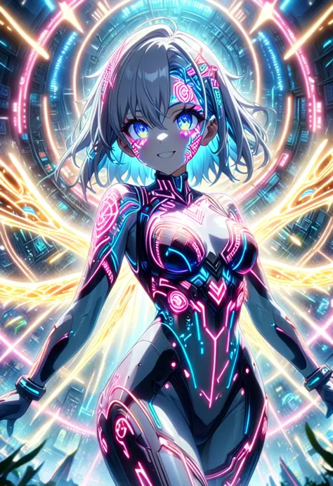 masterpiece, best quality, highly detailed cg unity 8k wallpaper, one cyber girl, anime screenshots, neon electronic circuit tat...