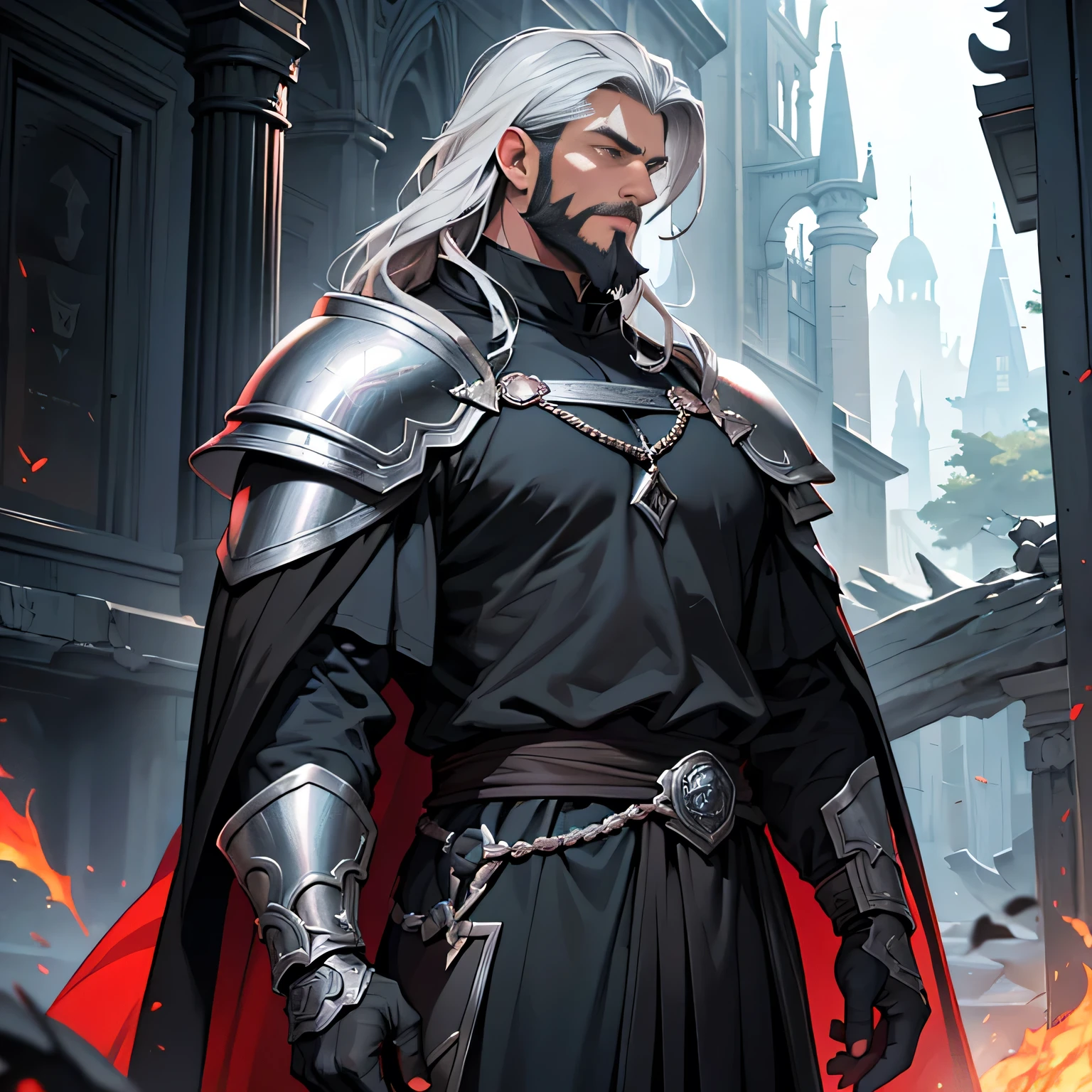 ((Best quality)), ((masterpiece)), ((realistic cartoon)), ((perfect character)): Maeron was a tall young, powerfully built, and fearsomely strong man, He kept his hair short and his beard trimmed to his jawline. He had calm-looking, and a mouth without a smile. He had violet eyes, and his classical silver hair. He wore black armor and a black cloak outfit He was bull-like, with heavy shoulders, a thick neck, and huge arms. Though he was on the heavy side, he was not fat, but more massive and square. Maegor wore a breastplate, covered by a surcoat that displayed the Targaryen three-headed dragon, red on black. the man's clothing, the mesmerizing effects of his conjurations, and the level of detail in his weathered face all contribute to a captivating visual experience. This artwork is presented in stunning UHD resolution, allowing you to appreciate every nuance and intricacy in breathtaking detail. Eye level, scenic, masterpiece.