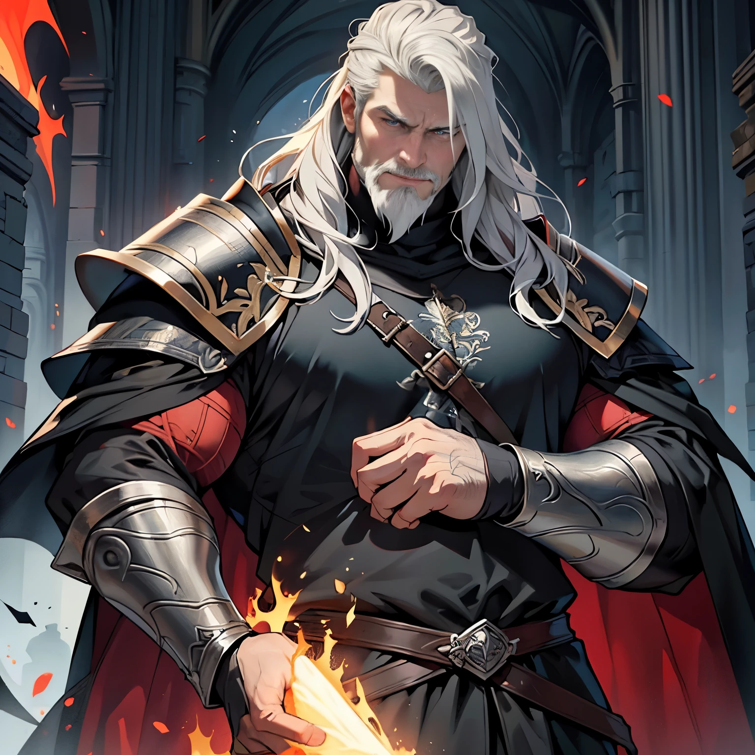 ((Best quality)), ((masterpiece)), ((realistic cartoon)), ((perfect character)): Maeron was a tall young, powerfully built, and fearsomely strong man, He kept his hair short and his beard trimmed to his jawline. He had calm-looking, and a mouth without a smile. He had violet eyes, and his classical silver hair. He wore black armor and a black cloak outfit He was bull-like, with heavy shoulders, a thick neck, and huge arms. Though he was on the heavy side, he was not fat, but more massive and square. Maegor wore a breastplate, covered by a surcoat that displayed the Targaryen three-headed dragon, red on black. the man's clothing, the mesmerizing effects of his conjurations, and the level of detail in his weathered face all contribute to a captivating visual experience. This artwork is presented in stunning UHD resolution, allowing you to appreciate every nuance and intricacy in breathtaking detail. Eye level, scenic, masterpiece.