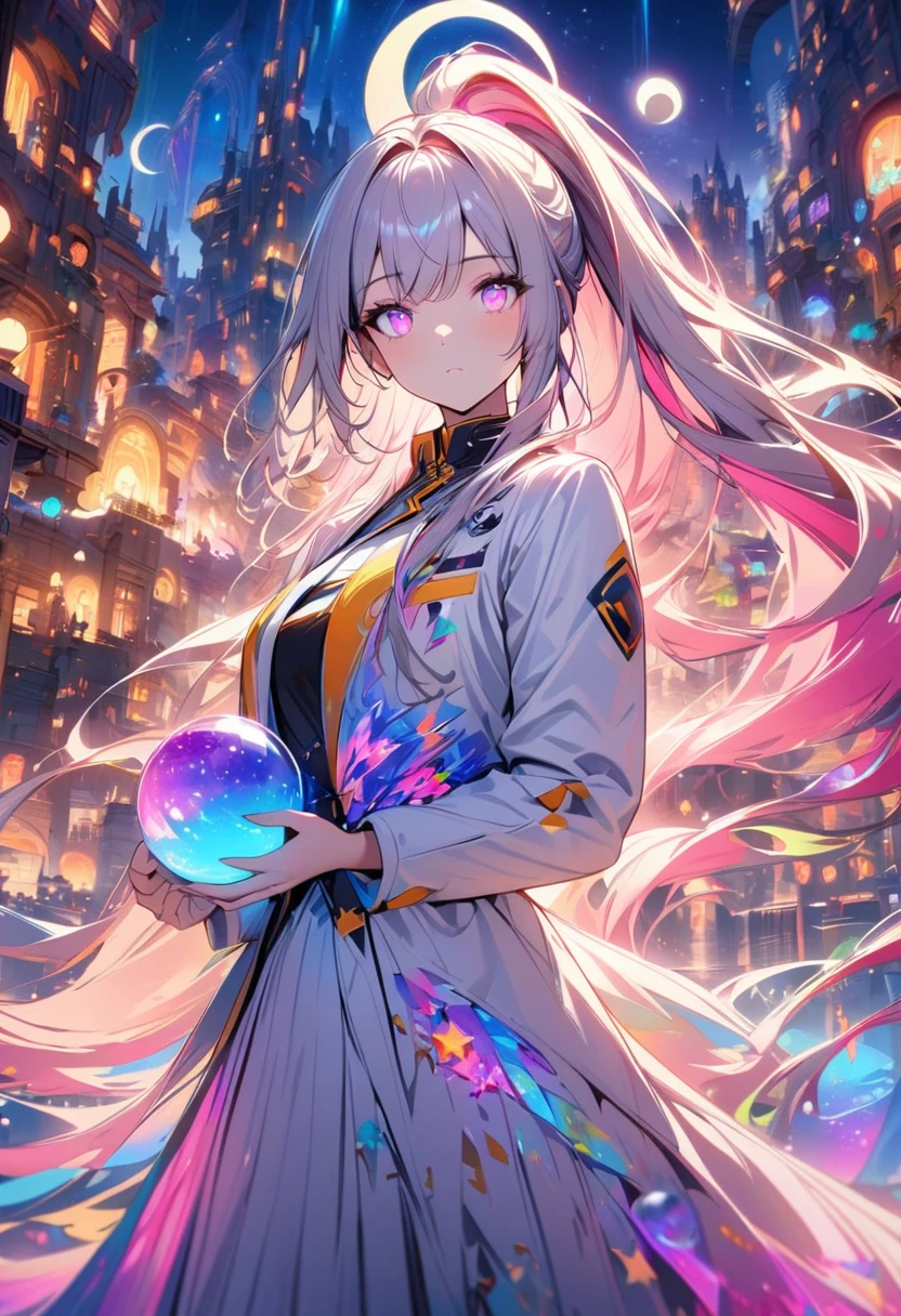 1Girl, long flowing hair, high ponytail, multi colored hair, floating city, glowing eyes, White jacket Uniform with zig zag line, expressionless , looking to the sky, colorful object on the sky, (dreamy:1.1), flowers bloom , glowing crystal jewelry, bubble reflection, crescent moon and stars, (masterpieces:1.3),(outdoor lighting:1.1),(dreamy:0.5),(sky paint:0.25),(chaotic:0.25) ,gloss:0.5,Active Effect