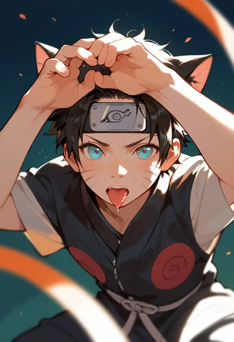 (anime naruto),short hair,black hair,male,angled,sharp perspective,sight induction,twisting pose,cat ears,cat pose,tongue lickin...