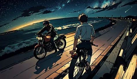 (top quality)(masterpiece)(very delicate writing)
(80s style anime),a man riding a harley is riding down a road overlooking the ...