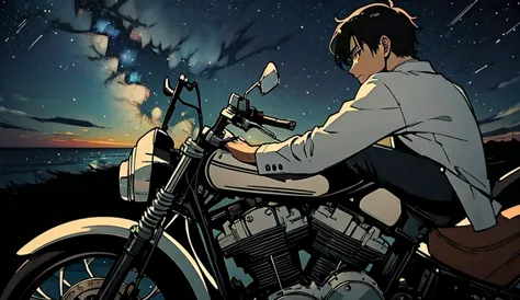 (top quality)(masterpiece)(very delicate writing)
(80s style anime),a man riding a harley is riding down a road overlooking the ...