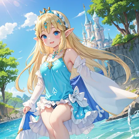 princess zelda、、girl、waterfront、slime、swimwear、polka dots、