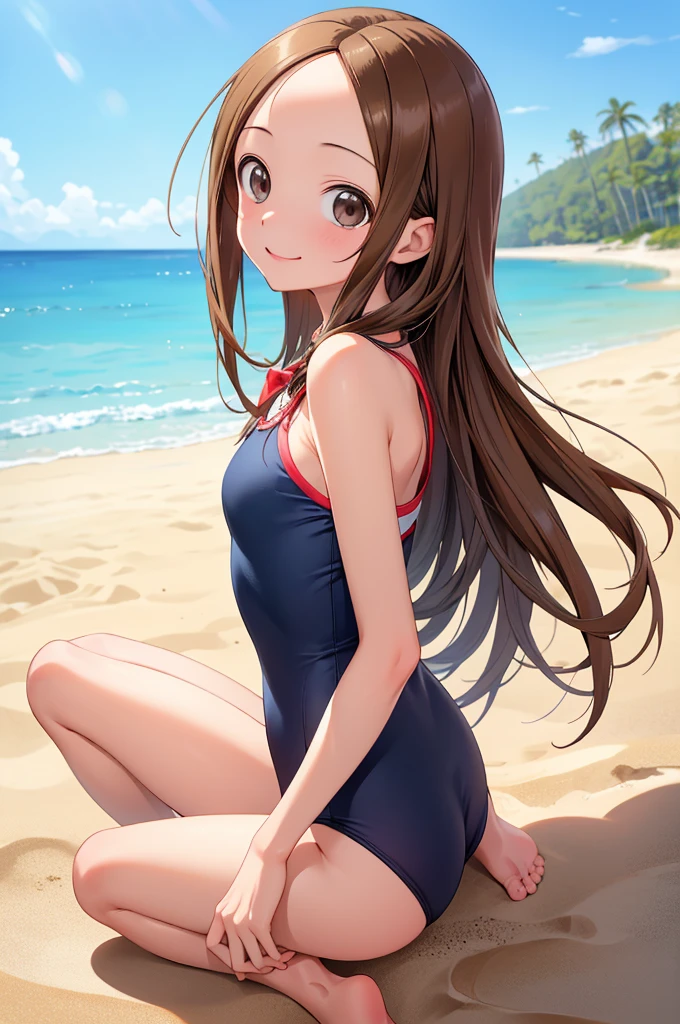 (Super detailed)(Master quality)(RAW Photos))(8k)(Realistic, photo Realistic:1.2)(Super detailed anime)(Anime Style) ((Highest quality)),(MS. Takagi who is good at teasing)(Sandy beach On the sand)((Middle school students、Baby Face)), Competitive Swimsuit, cowgirl position,