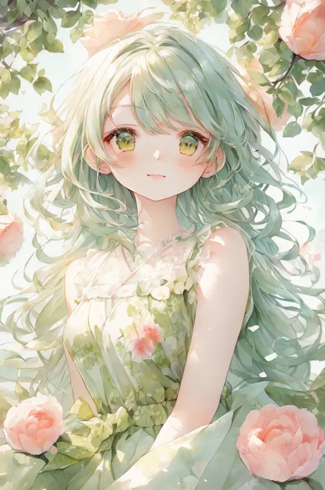 anime girl with long green hair and green dress sitting in a tree, detailed digital anime art, beautiful anime portrait, beautif...