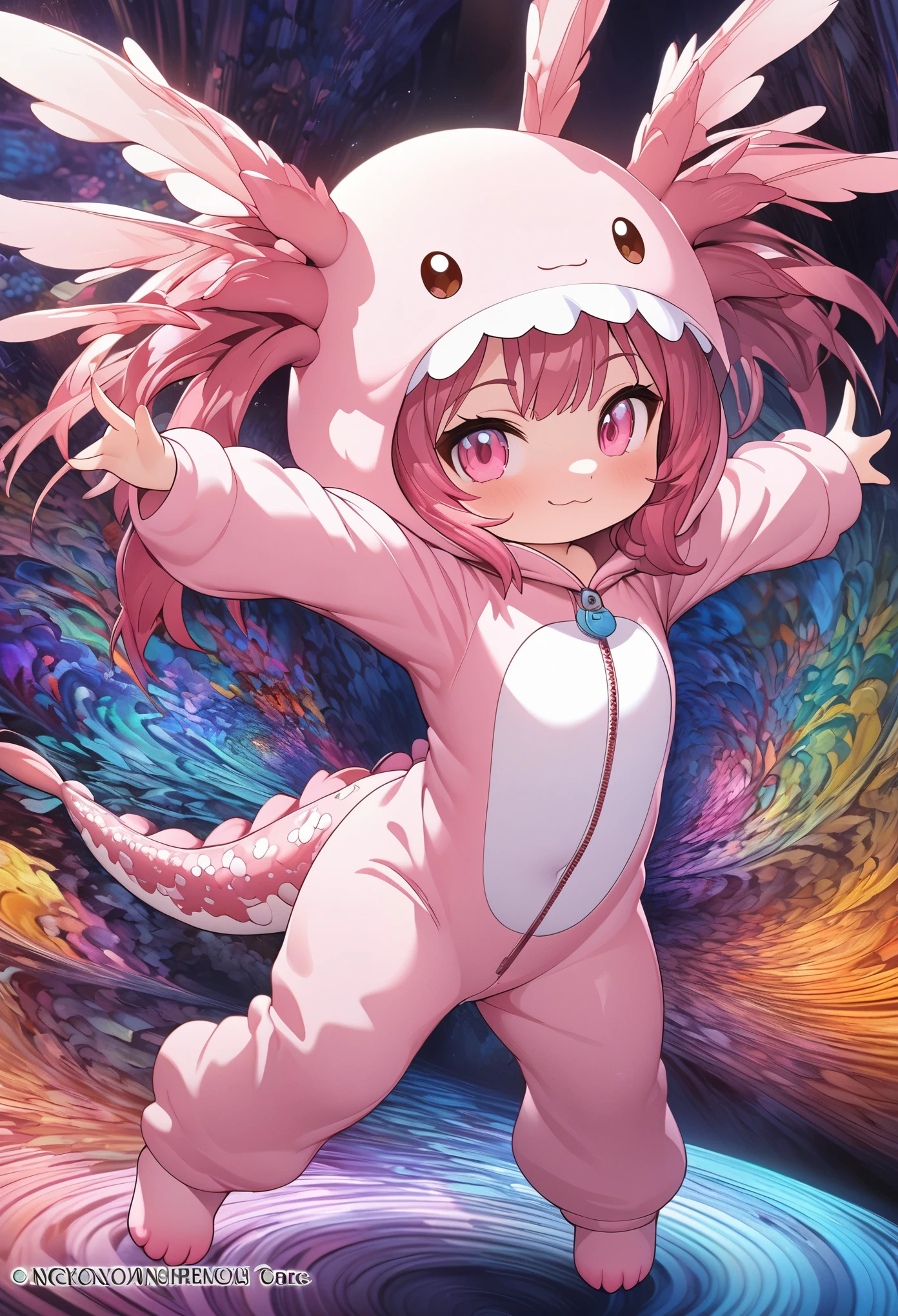 chibi anime, young girl wearing the adorable pink axolotl onesie, anthro, furry (masterpiece, top quality, best quality, official art, beautiful and aesthetic:1.2), (1girl:1.3), extremely detailed,(fractal art:1.1),(colorful:1.1),highest detailed,(zentangle:1.2), (dynamic pose), (abstract background:1.3), (shiny skin)