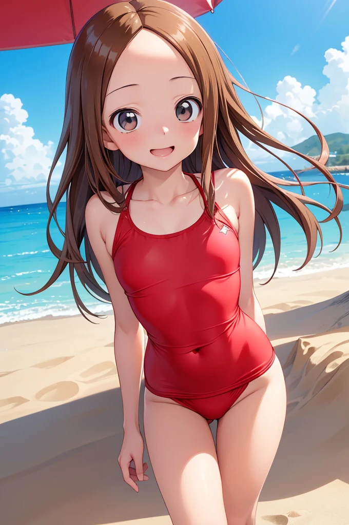 (Super detailed)(Master quality)(RAW Photos))(8k)(Realistic, photo Realistic:1.2)(Super detailed anime)(Anime Style) ((Highest quality)),(MS. Takagi who is good at teasing)(Sandy beach On the sand)((high school students、Baby Face)), Competitive Swimsuit, cowgirl position, small face, She is wearing a white school swimsuit。