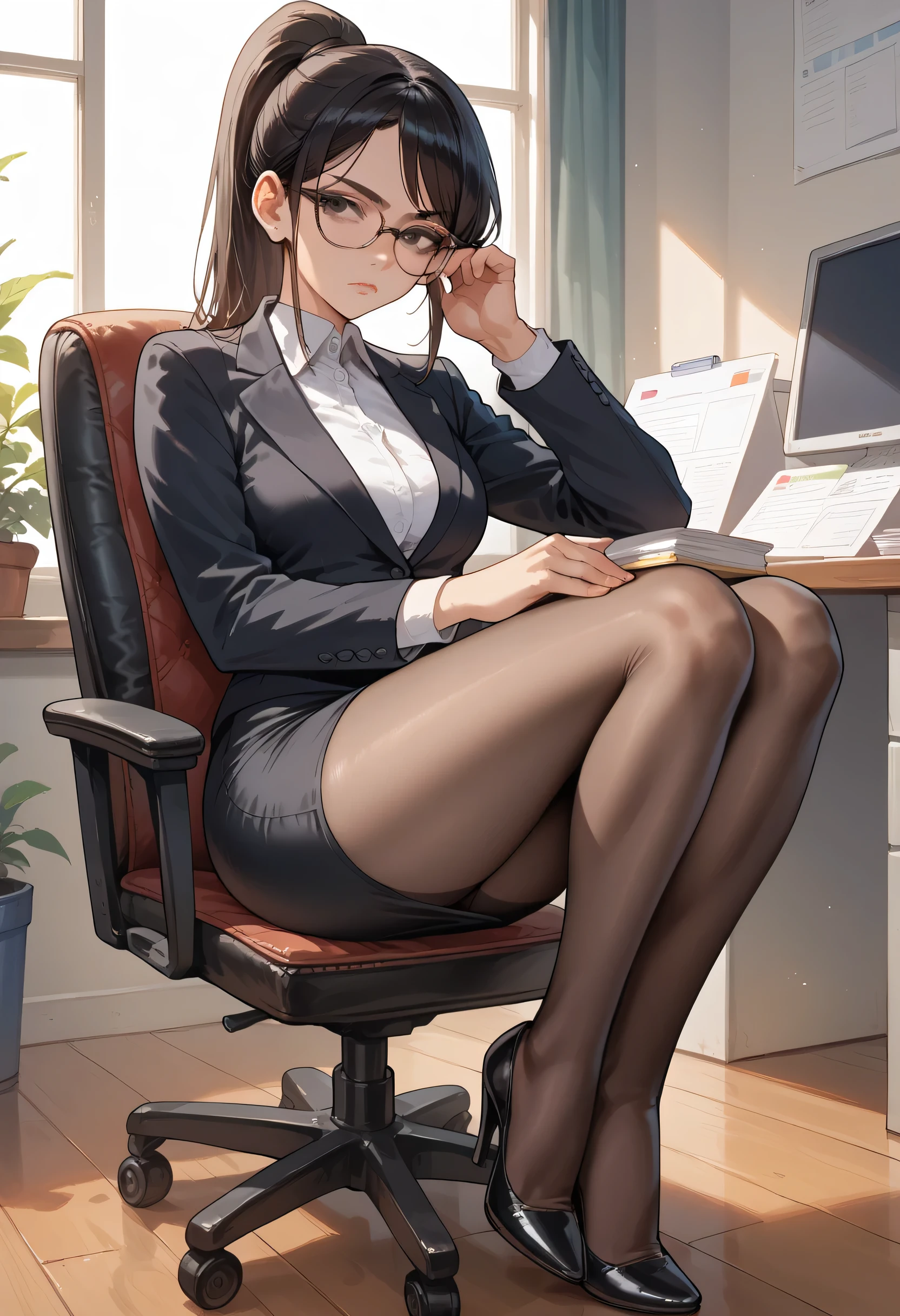 (masterpiece, official art), 1girls, solo, asian, office girl, black skirt, black blazer, business lady, tight ponytail, pencil skirt, black pantyhose, high heels, sitting in chair, glasses, black eyes, white collar, staring at viewer