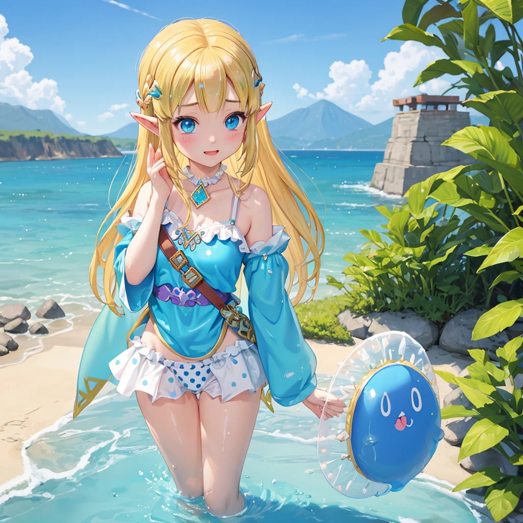 Princess Zelda、、Girl、Waterfront、Slime、Swimwear、Polka dots、Peeing