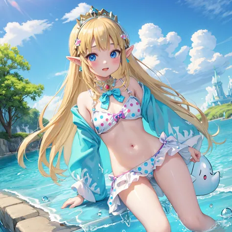 princess zelda、、girl、waterfront、slime、swimwear、polka dots、peeing