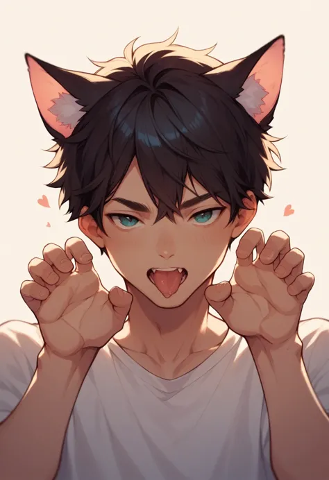 short hair,black hair,male,angled,sharp perspective,sight induction,twisting pose,cat ears,cat pose,tongue licking,