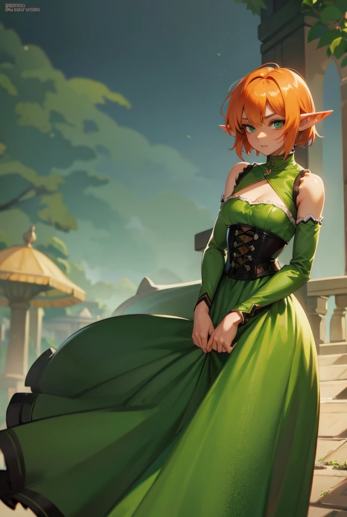 Orange hair, short hair, green eyes,1girl, Solo, elf, pointy ears, dark skin, long dress, long sleeve, green dress, corset,