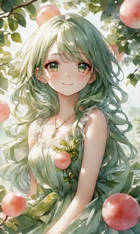 anime smiling girl with green hair and green dress sitting in a tree, detailed digital anime art, beautiful anime girl, beautifu...