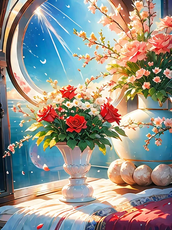 Stunning bouquet of roses and lilies in a ceramic vase, Red and White, Comfortable room, wreath, An open window, Moon and stars, night, Comfortable atmosphere  