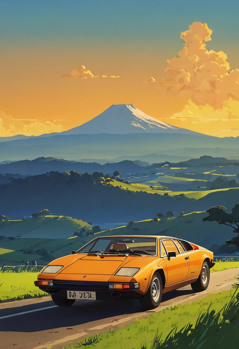 (Minimalism:1.4), Draw a simple Tintin style art of a classic lamborghini camping sunset clouds , studio ghibli art, miyazaki,  , Makoto Shinkai!!, anime movie background best quality best of SeaArt HD
