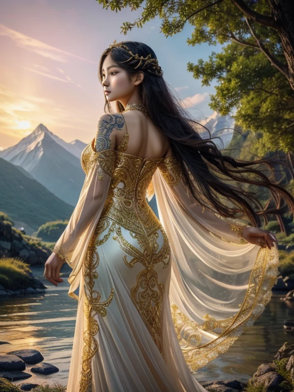 In a lush, enchanted forest, a fierce Korean young woman goddess stands tall, her dress billowing in the wind. Her skin is adorned with intricate tattoos, each one telling a story of her strength and resilience.With a fierce gaze and a regal stance, a Korean young woman goddess commands the attention of all who lay eyes on her. Her dress is a masterpiece of silk and gold, shimmering in the light as she radiates power and beauty.As the sun sets over the mountains, a fierce Korean young woman goddess stands tall in a flowing, ornate dress. Her hair cascades down her back in waves, and her dress is adorned with intricate patterns and symbols, representing her divine power.A fierce Korean young woman goddess stands tall in a flowing, ornate dress, radiating power and beauty. She is surrounded by a vibrant, mystical aura, her eyes glowing with determination and strength.