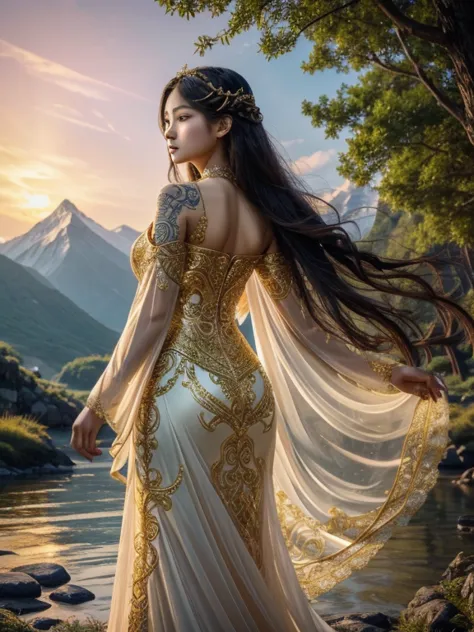 in a lush, enchanted forest, a fierce korean young woman goddess stands tall, her dress billowing in the wind. her skin is adorn...