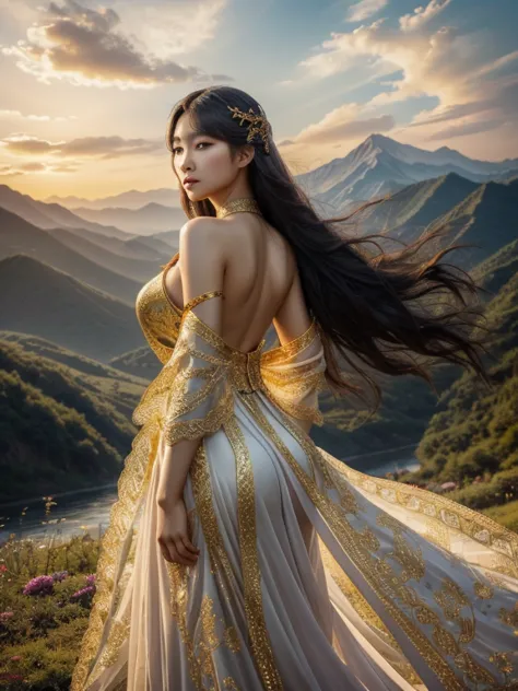 in a lush, enchanted forest, a fierce korean young woman goddess stands tall, her dress billowing in the wind. her skin is adorn...