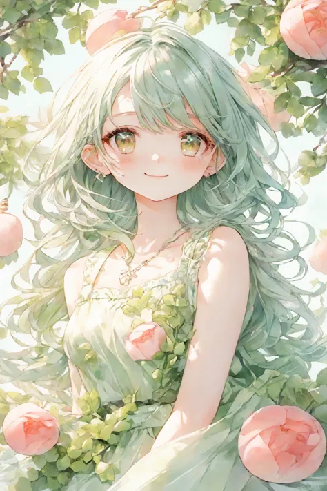 anime smiling girl with long green hair and green dress sitting in a tree, detailed digital anime art, beautiful anime portrait,...