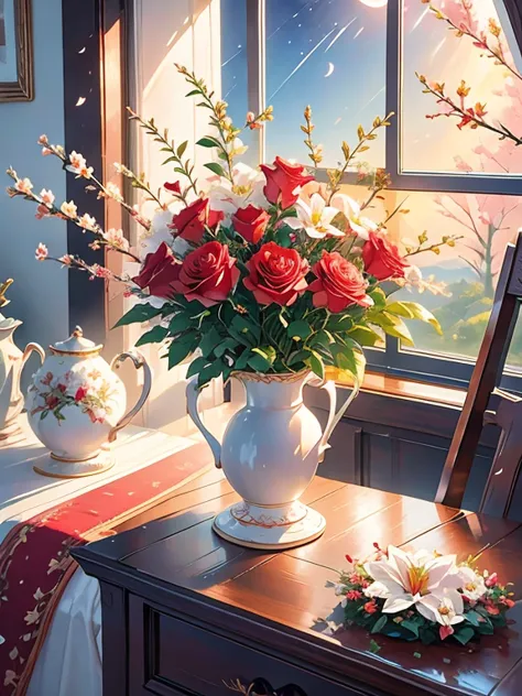 stunning bouquet of roses and lilies in ceramic vase, red and white, comfortable room, wreath, an open window, moon and stars, n...