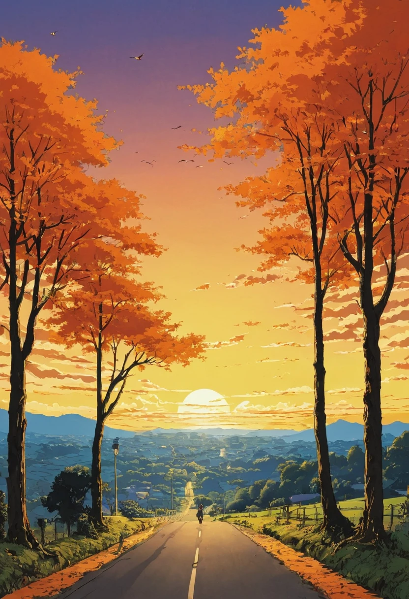 (Minimalism:1.4), Draw a simple Tintin style art a road orange trees sunset clouds , studio ghibli art, miyazaki,  , Makoto Shinkai!!, anime movie background best quality best of SeaArt HD
