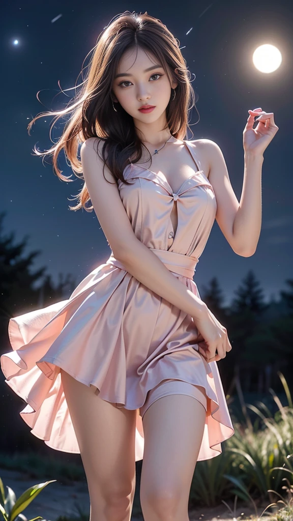 ulzzang-6500-v1.1, (RAW photo: 1.2), (Real photo), (Real photo: 1.4), 1 girl、Perfect anatomy、1、Looking at the camera、Medium length hair、dance dress, on the pine hill at night, with stars and moon, ((on the pine hill at night: 1.1))、(Business service)、Asian eyes Ella,