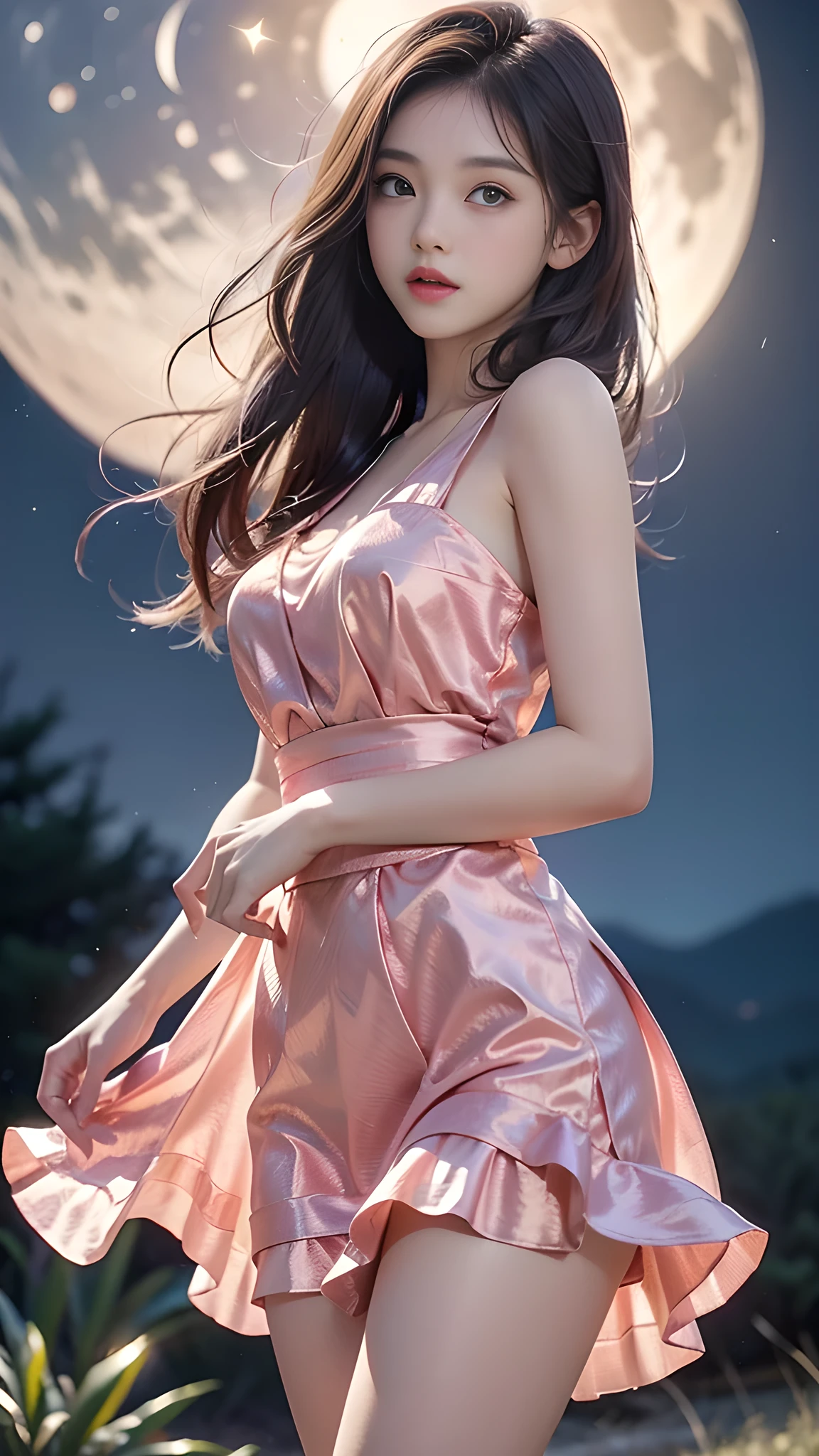 ulzzang-6500-v1.1, (RAW photo: 1.2), (Real photo), (Real photo: 1.4), 1 girl、Perfect anatomy、1、Looking at the camera、Medium length hair、dance dress, on the pine hill at night, with stars and moon, ((on the pine hill at night: 1.1))、(Business service)、Asian eyes Ella,