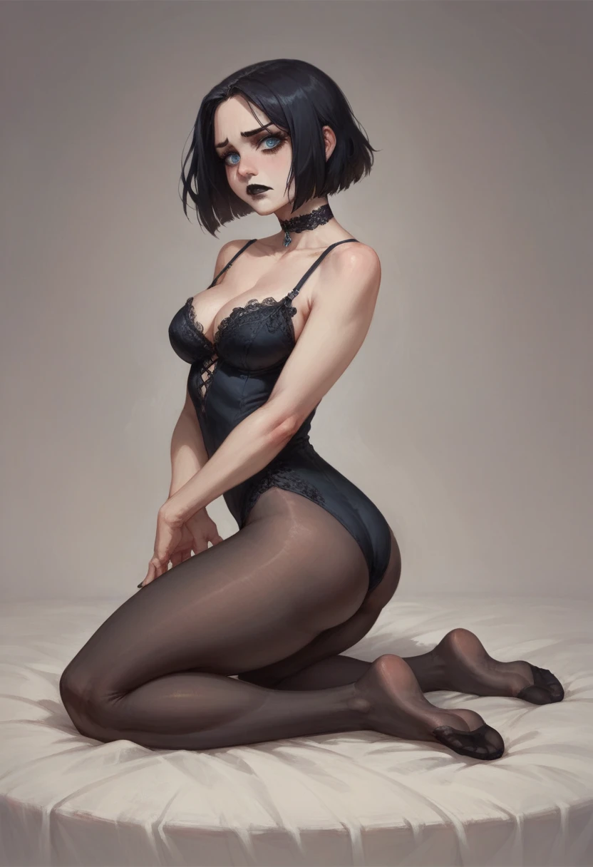 (full body:1.4),  Beautiful 20 yo woman of English descent. perfect figure,((very pale:1.4))complexion. raven black hair, ice blue eyes. Large natural breasts, beautiful ass, shapely legs, Sad eyes, Goth. Black lipstick and nail polish, mascara, choker, vintage black lace dress, (black pantyhose), Mary Janes.