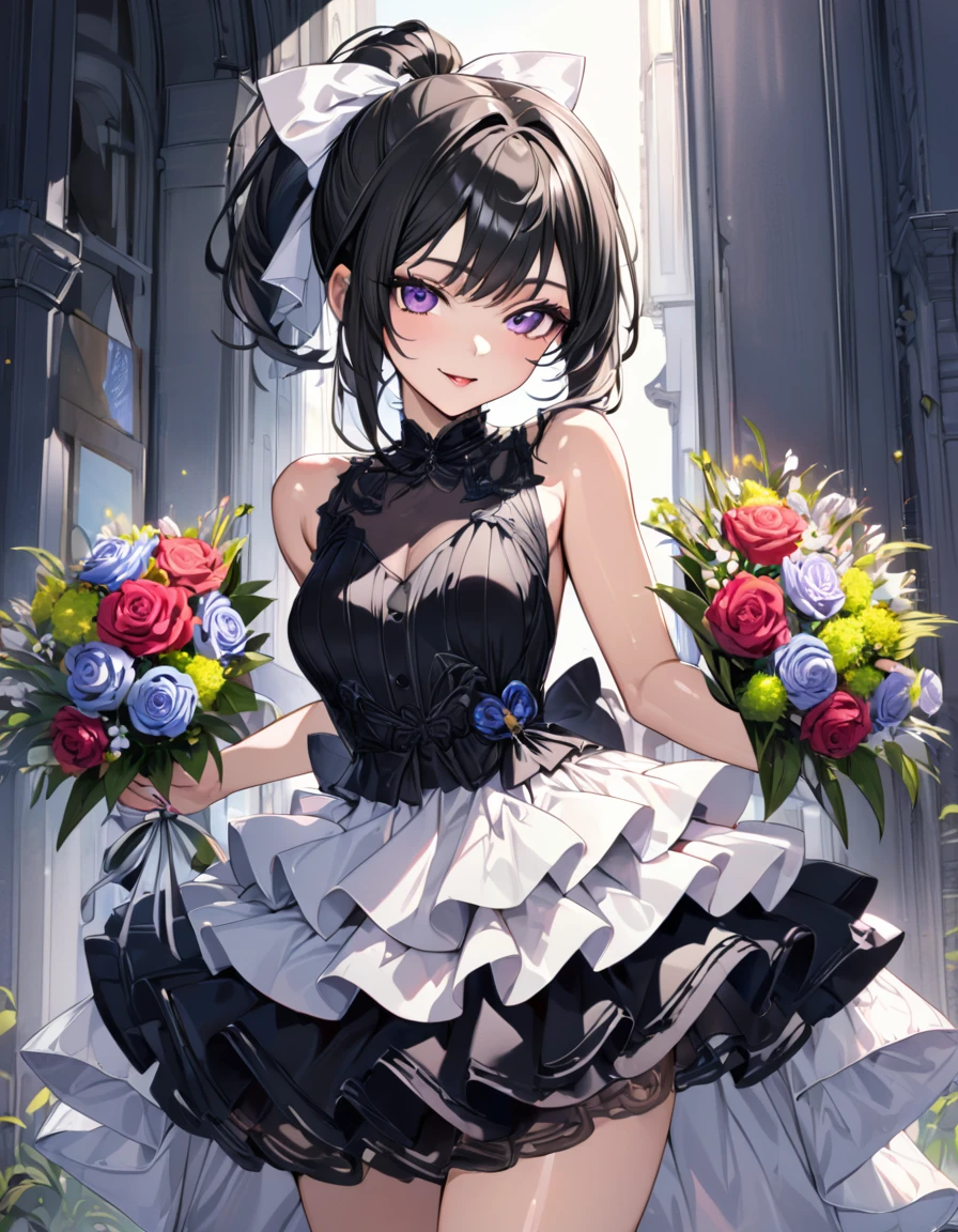 ((masterpiece)、(absurdres)、(ultra detailed)、(8k),SFW,Anatomically correct,anime illustration,Embracing a colorful bouquet,happy,cowboy shot,Cocktail Dresses,solo lady,shiny black hair,shiny purple eyes,short highponytail,(1white ribbon;1.1),(small breast:0.9),