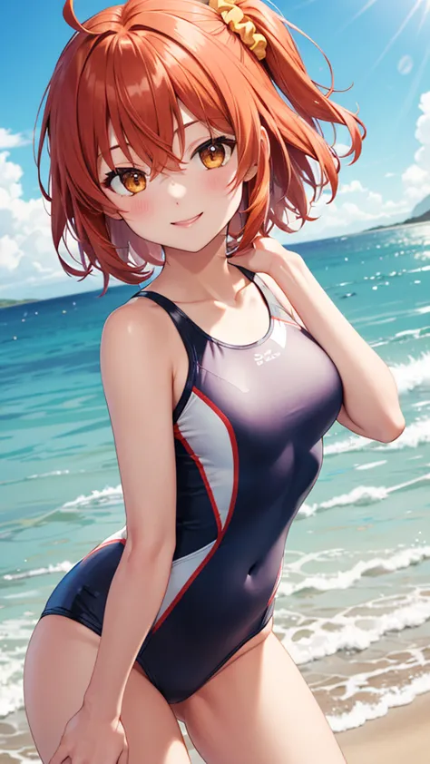 masterpiece, best quality, highres, aaritsuka, short hair, ahoge, hair scrunchie, orange scrunchie, one-piece swimsuit, smile, b...