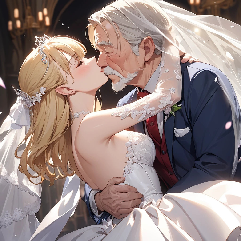 ((Best Quality)), ((masterpiece)), (detailed), （Perfect Face）、The woman is Seras Ashlain, a blonde elf wearing a gorgeous wedding dress and wedding veil.、The woman and the old man embrace each other and kiss each other in a deep vow to get married.